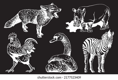 Conjunto de vectores de animales salvajes y domésticos aislados en dibujo negro, gráfico