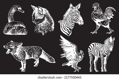Vector set of wild and domestic animals isolated on black, graphical drawing