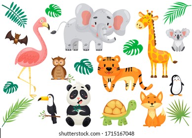 vector set of wild exotic animals in cartoon style. Flamingo, owl, bet, koala, toucan, fox, panda, tiger, giraffe, penguin on white isolated background.