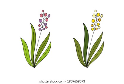 Vector set of wild flowering bushes in doodle style. Design for postcards decoration, illustration of books, web banners, birthdays greeting and invitation cards, gift wrapping, icon