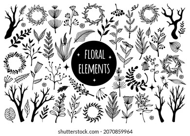Vector set of wild flowers. Hand-drawn doodles. Field plants, meadow grasses. Botanical elements leaves, berries, branches, wreaths, herbs. Flora sketch. Monochrome concept for decoration, design.