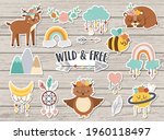 Vector set of wild and free stickers. Collection of cute characters and objects with ethnic nature concept. Funny animals, rainbow, mountains on wooden background. Boho patches pack

