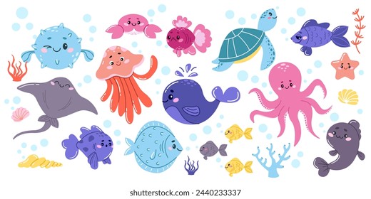 Vector set of wild marine animals and fish. Cute marine life. Underwater creatures, algae and seashells isolated on a white background. Funny Whale, stingray, turtle, jellyfish, octopus and others