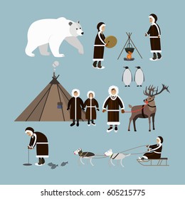 Vector set of wild north arctic people and animals icons isolated, flat style design elements. Eskimo characters fishing, cooking on the open fire, playing drum and dancing.