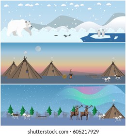 Vector set of wild north landscape posters, banners. Northern lights, arctic animals and eskimo people houses flat style design elements.