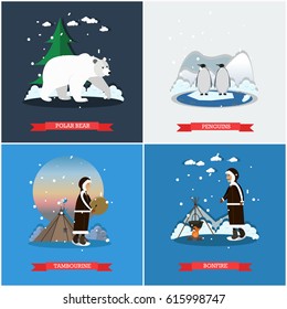 Vector set of wild north posters, banners. Polar bear, Penguins, Tambourine and Bonfire design elements in flat style.