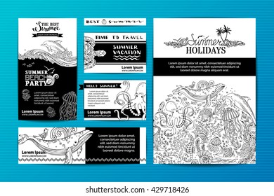 Vector set of wild ocean animals templates. Doodles elements. Corporate A4 paper, business cards, banners. Whale, dolphin, turtle, fish, starfish, octopus, crab, shell, jellyfish, seahorse, seaweed.