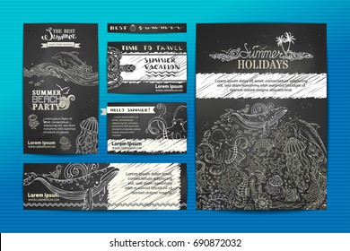 Vector set of wild ocean animals templates. Corporate A4 paper, business cards, banners. Whale, dolphin, fish, octopus, shell, jellyfish, algae. Chalk design on blackboard background.