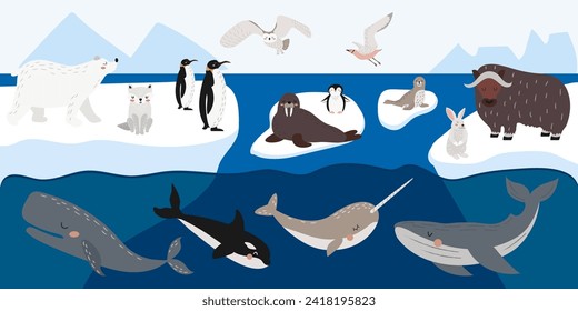 Vector set of wild polar animals, marine mammals and birds. Collection of Arctic animals on ice floes. Cute illustration in hand drawn style. 