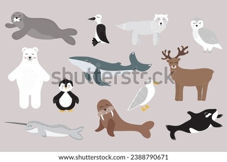Vector set of wild polar animals, sea mammals and birds. Collection of cute arctic animals. Whale, narwhal, walrus, guillemot, albatross, polar deer, , polar bear, penguin. Vector illustration in flat