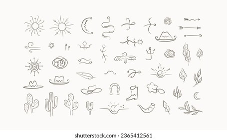 Conjunto de vectores con elementos dibujados a mano oeste silvestre. Cactus occidentales, sombrero de cowbot, botas, animales del desierto, plantas, flechas