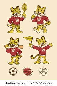 vector Set of Wildcat Sport Mascot in Vintage Retro Hand Drawn Style