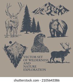 vector set of wilderness and nature exploration vintage logos, emblems, silhouettes and design elements