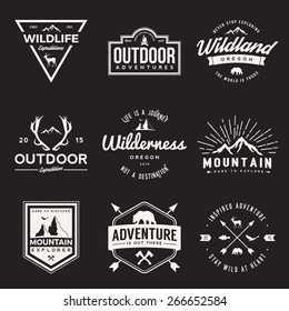 vector set of wilderness and nature exploration vintage  logos, emblems, silhouettes and design elements. outdoor activity symbols with grunge textures
