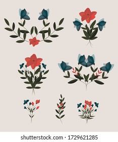 Vector set of wildflowers and leaves compositions.