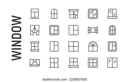 Vector set of window thin line icons. Design of 20 stroke pictograms. Signs of window isolated on a white background.