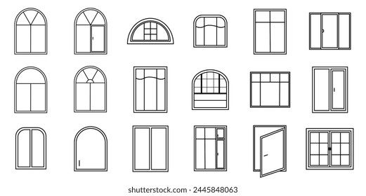 Vector set with windows for houses. Line icons windows for use in your design. Icons set of windows different types. Windows for the veranda.