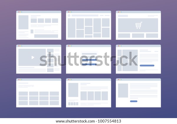 Vector set of windows with website page\
template. Concept of social media: online store, login, video\
hosting. Interface on laptop in\
browser.