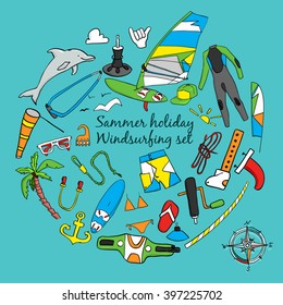 Vector set of windsurfing icons. Board with a sail, wetsuit, surfboard, wind, sail, sunglasses. All for lovers of active holidays at sea and active lifestyle. Family summer holiday. 