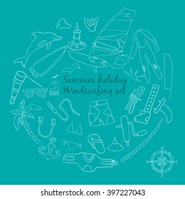 Vector set of windsurfing icons. Board with a sail, wetsuit, surfboard, wind, sail, sunglasses. All for lovers of active holidays at sea and active lifestyle. Family summer holiday. 