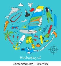 Vector set of windsurfing icons. Board with a sail, wetsuit, surfboard, wind, sail, sunglasses. All for lovers of active holidays at sea and active lifestyle. Family summer holiday. 