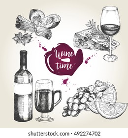 Vector Set Of Wine And Appetizers. Bottle, Glass, Cheese, Rosemary, Orange, Grape, Cinnamon Sticks, Anise, Plum. Vintage Engraved Style. Use For Season Restaurant Menu Design Store Holiday