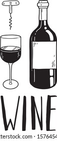 Vector set of wine bottle, glass, corkscrew. Hand drawn illustration isolated on white background. Flat cartoon style. For print, menu, cafe, restaurant, market, bar. 