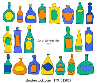 Vector set of wine bottles. Color linear drawing on a white background. Doodles