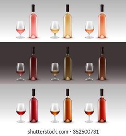 Vector Set of Wine Bottles and Glasses Isolated on Background