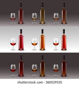 Vector Set of Wine Bottles and Glasses Isolated on Background
