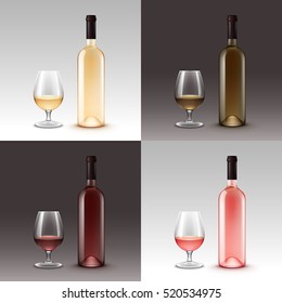 Vector Set of Wine Bottles and Glasses Isolated on Background