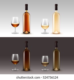 Vector Set of Wine Bottles and Glasses Isolated on Background
