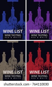 Vector set of wine cards. Wine card for wine tasting with colored patterned bottles with corkscrews on a black background