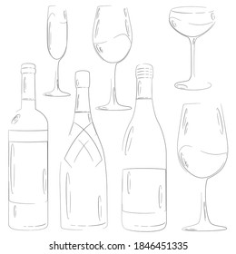 Vector set of wine and champagne bottles and glasses. Illustration in sketch style Isolated on white. red, rose, white and champaign.