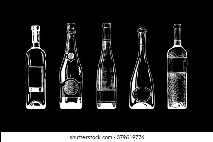 Vector Set Of Wine And Champagne Bottles On Black Background.