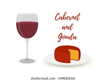 Vector set of wine and cheese. Cabernet with gouda, cartoon flat style