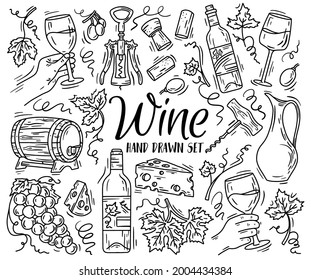 Vector set with wine and cheese in Doodle sketch style. Linear icons for the menu of grapes and bottles.