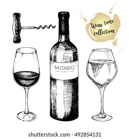 Vector set of wine collection. Engraved vintage style. Glasses, bottle and corkscrew. Isolated on white background. Use for restaurant, cafe, store, food, menu design