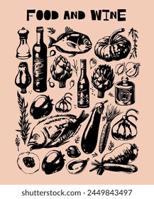 Vector set of wine and food, champagne bottles in ink hand drawn style, ingredients and elements. isolated 