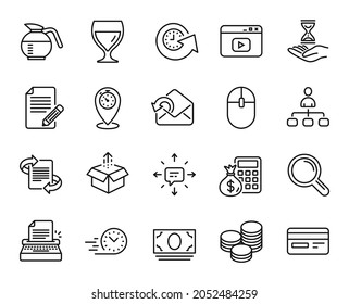 Vector set of Wine glass, Article and Typewriter line icons set. Time hourglass, Computer mouse and Update time icons. Management, Cash money and Marketing signs. Tips, Coffeepot and Sms. Vector