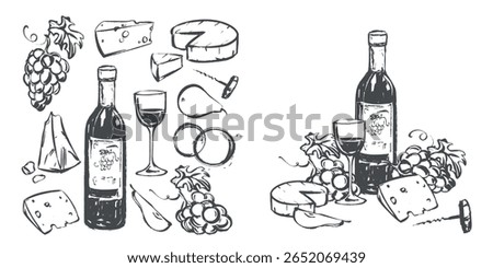 Vector set with wine, wine glass and snack. Grapes, cheese and fruits in quick linear ink sketch style. Clip art for restaurant menu, wine list or invitation to tasting.