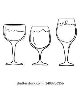 Vector set of wine glasses goblets in ink hand drawn style cartoon style illustration
