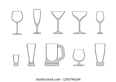 Vector set of wine glasses on a white background. A glass for wine, beer, beer mug, for sparkling wine, for cognac, for vodka.