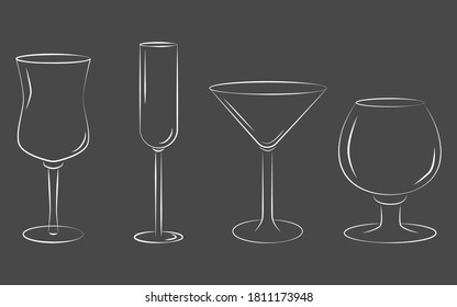 Vector set of wine glasses on a gray background. Glass for champagne and wine on a black background.