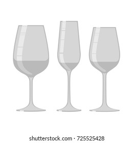 Vector set of wine glasses for white wine, champagne, red wine.