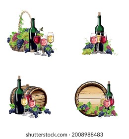 Vector set of wine and grapes still life in realistic style. Winemaking. Wine barrel, glass of wine, bottle and grapes.