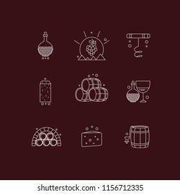 Vector set wine icons. Modern line style. Collection of winery objects