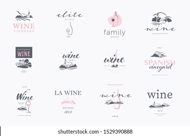 Vector set of wine label logo design template with text, hand drawn landscape village vinery illustration, wine bottle isolated on white background. For family vineyard brand, restaurant menu wine bar