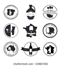 Vector set  of Wine Labels with graphic design. Decorative elements - glasses for white wine, grapes, bottle, grapes.