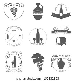 Vector set of Wine Labels with graphic design. Decorative elements - glasses for wine, grapes, bottle, grapes isolated on white.